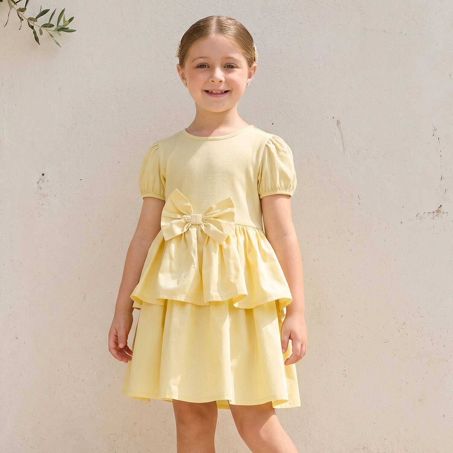 Juniors Round Neck Short Sleeves Knee Length Tiered Dress with Bow Detail - Yellow / 1-2 yrs