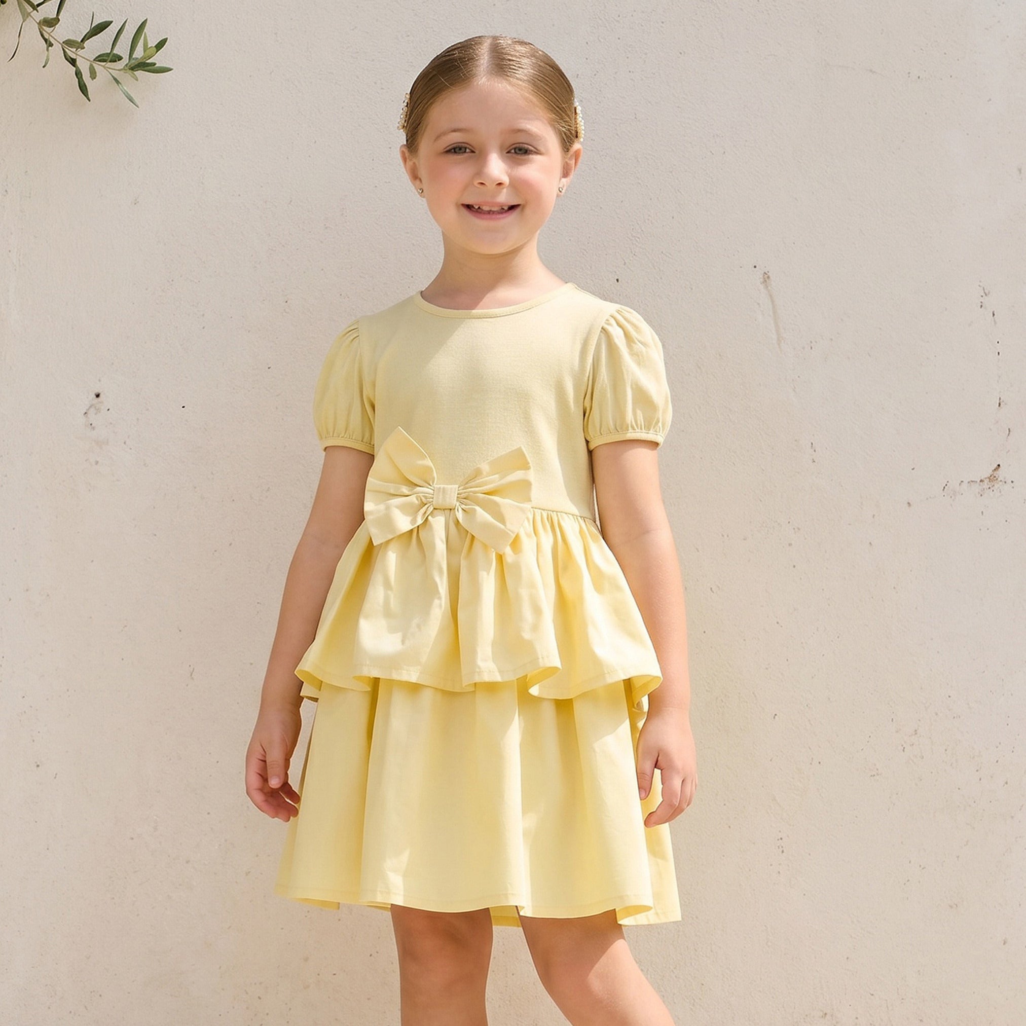 Juniors Round Neck Short Sleeves Knee Length Tiered Dress with Bow Detail - Yellow / 1-2 yrs