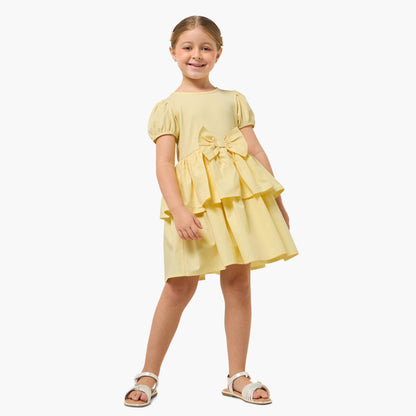 Juniors Round Neck Short Sleeves Knee Length Tiered Dress with Bow Detail