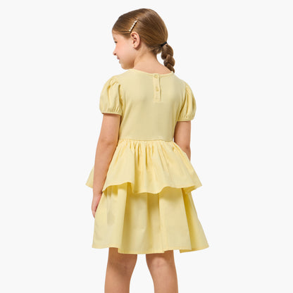 Juniors Round Neck Short Sleeves Knee Length Tiered Dress with Bow Detail