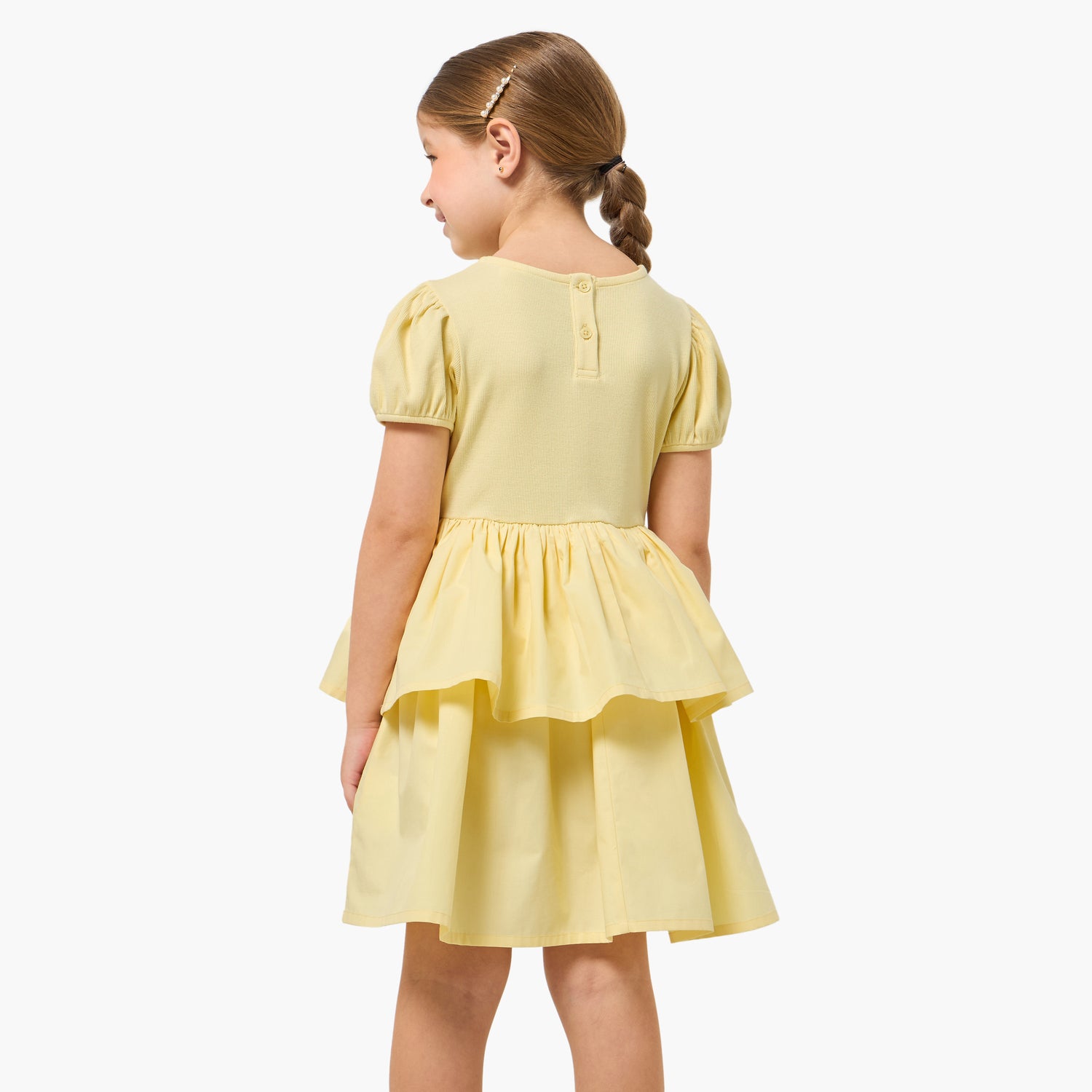 Juniors Round Neck Short Sleeves Knee Length Tiered Dress with Bow Detail