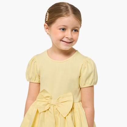 Juniors Round Neck Short Sleeves Knee Length Tiered Dress with Bow Detail
