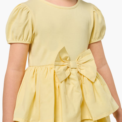 Juniors Round Neck Short Sleeves Knee Length Tiered Dress with Bow Detail