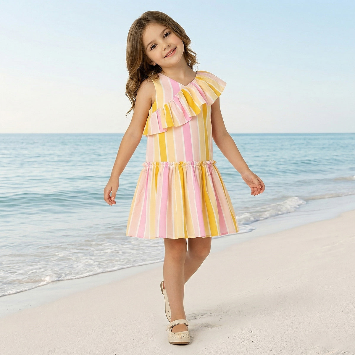 Juniors V-neck Sleeveless A-line Dress with Stripes - Multicolour / 1-2 yrs