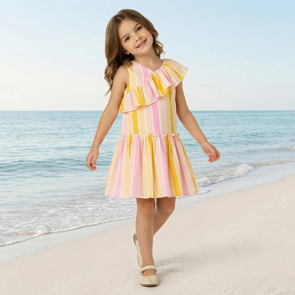 Juniors V-neck Sleeveless A-line Dress with Stripes - Multicolour / 1-2 yrs