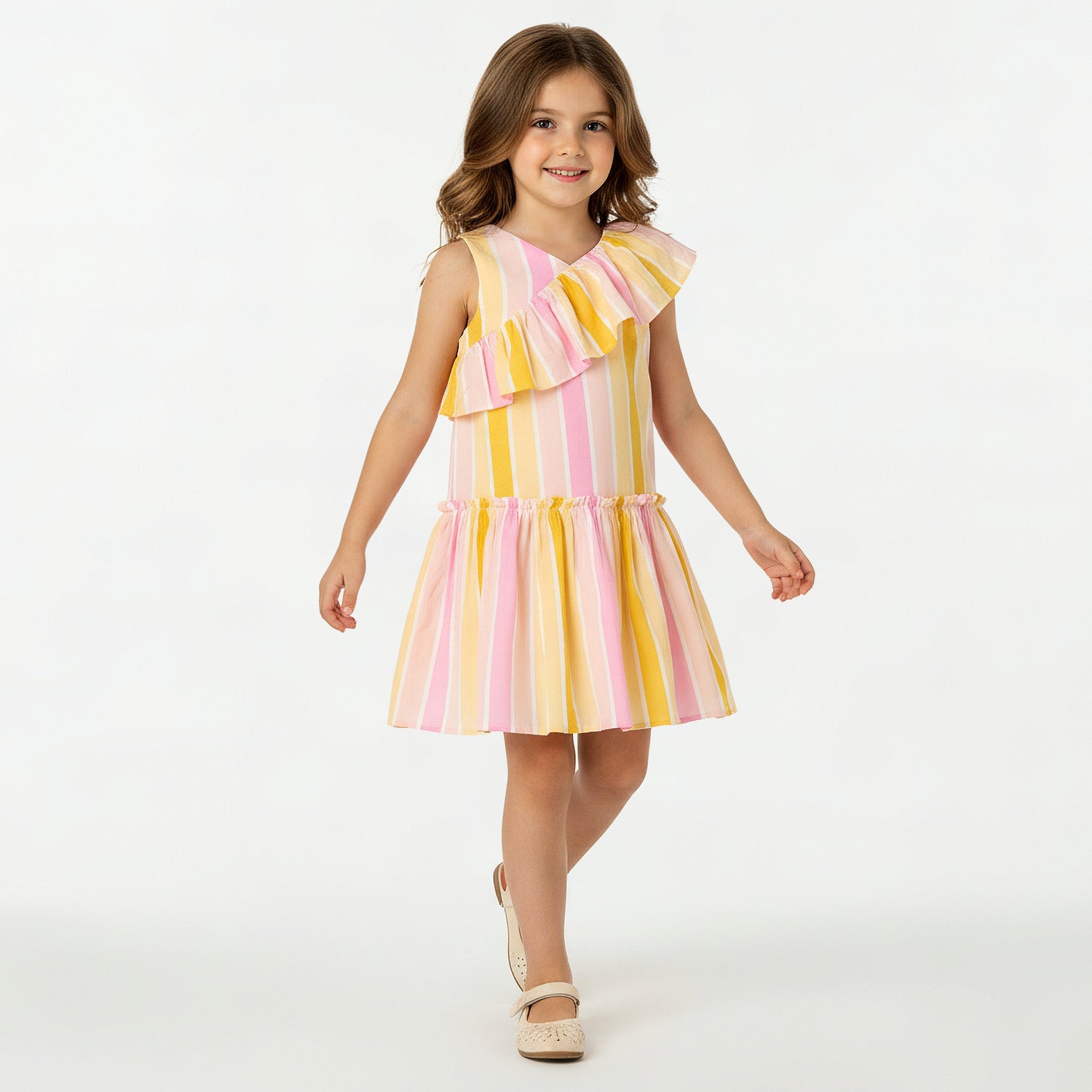 Juniors V-neck Sleeveless A-line Dress with Stripes
