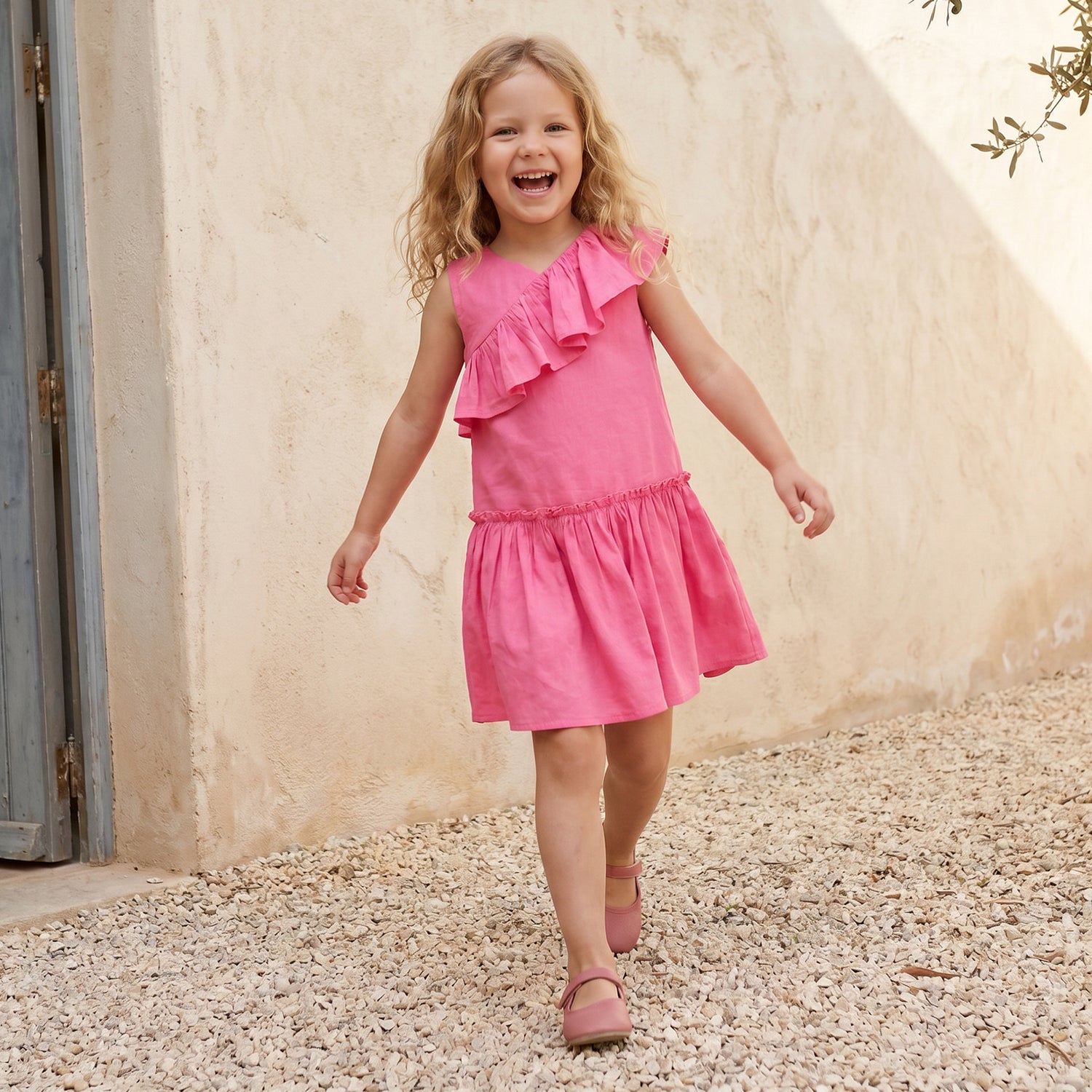 Juniors V-neck Sleeveless A-line Dress with Ruffles - Pink / 6-7 yrs