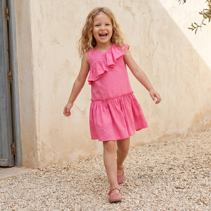 Juniors V-neck Sleeveless A-line Dress with Ruffles - Pink / 6-7 yrs
