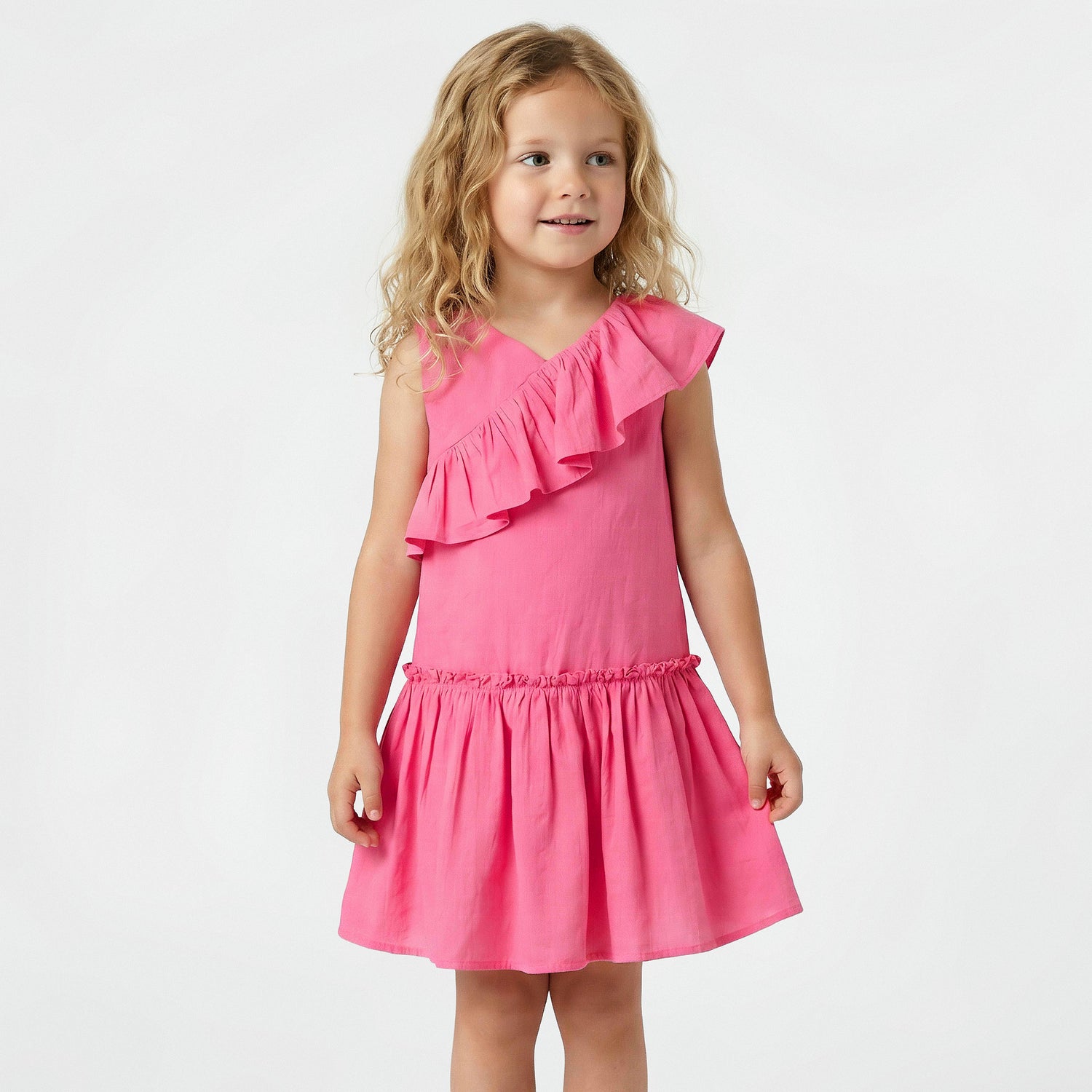 Juniors V-neck Sleeveless A-line Dress with Ruffles