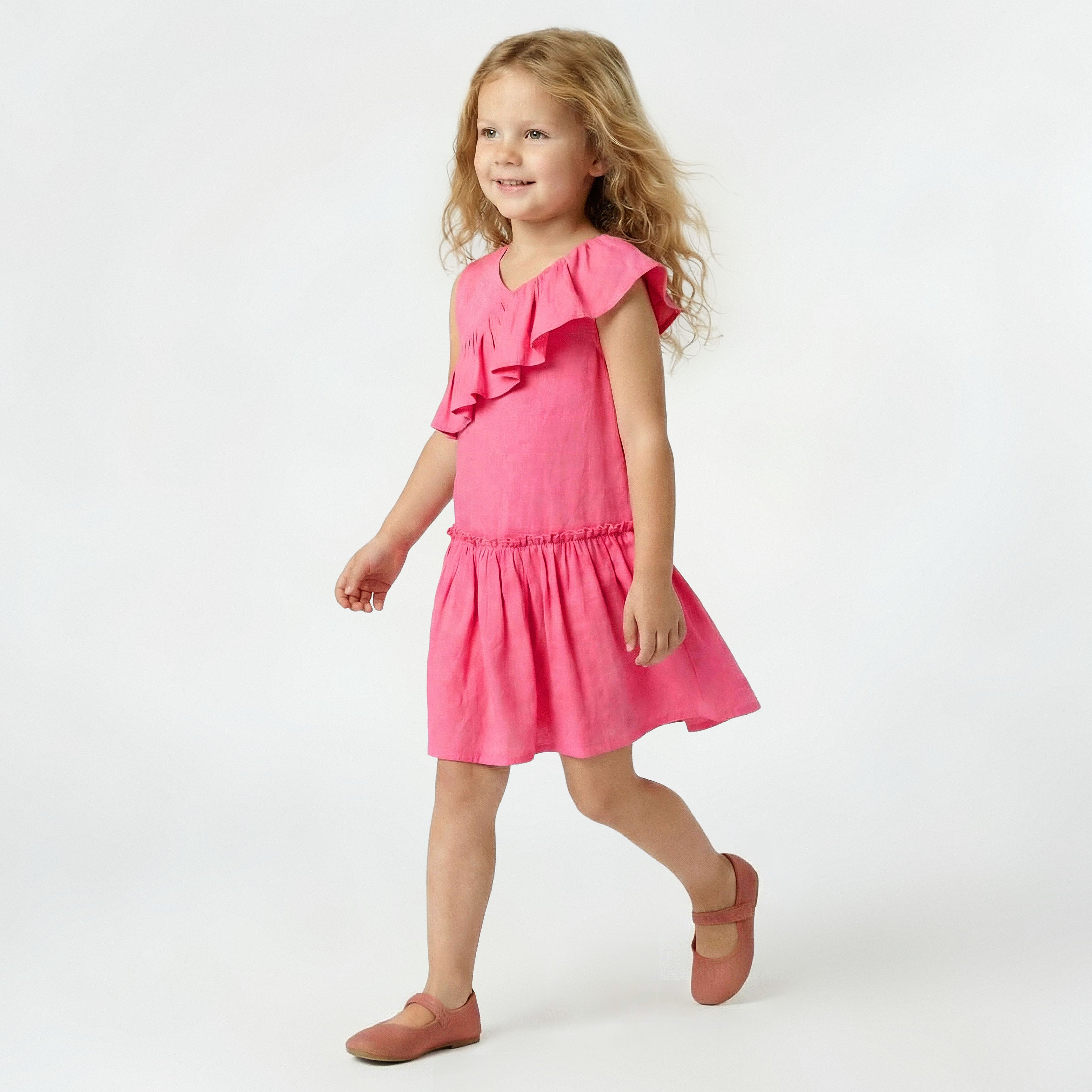 Juniors V-neck Sleeveless A-line Dress with Ruffles