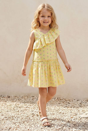 Juniors V-neck Sleeveless A-line Dress with Floral Print
