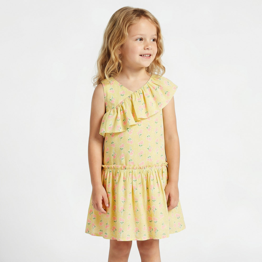 Juniors V-neck Sleeveless A-line Dress with Floral Print