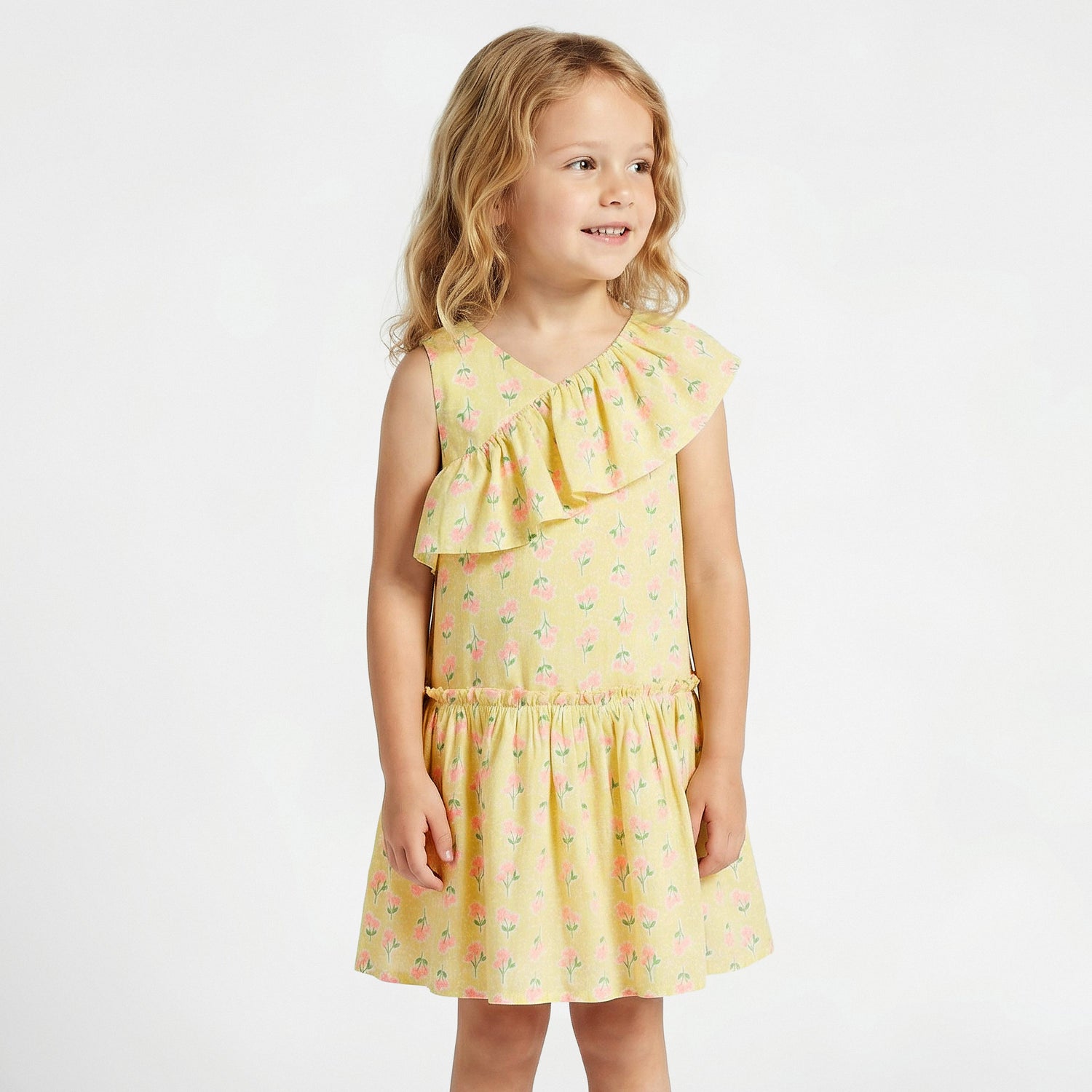 Juniors V-neck Sleeveless A-line Dress with Floral Print