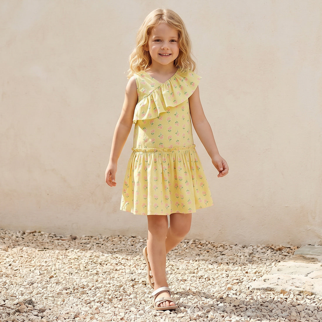 Juniors V-neck Sleeveless A-line Dress with Floral Print - Yellow / 7-8 yrs