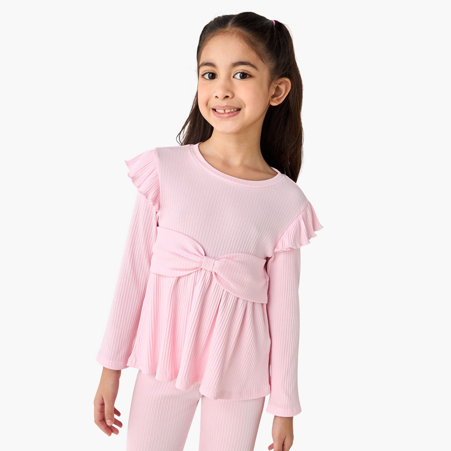 Juniors Round Neck Long Sleeve Top and Flared Pants Set with Ribbed Texture