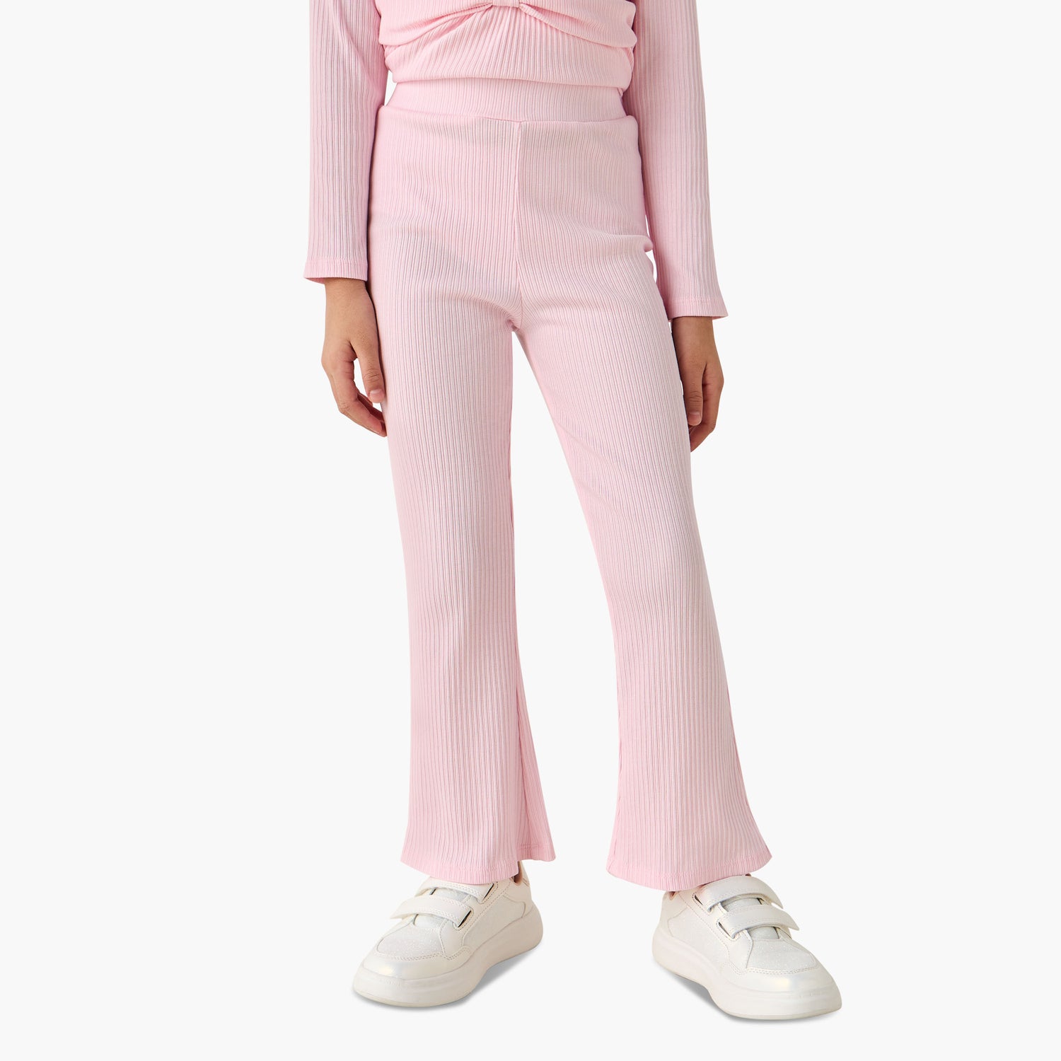 Juniors Round Neck Long Sleeve Top and Flared Pants Set with Ribbed Texture