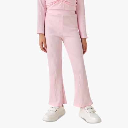 Juniors Round Neck Long Sleeve Top and Flared Pants Set with Ribbed Texture