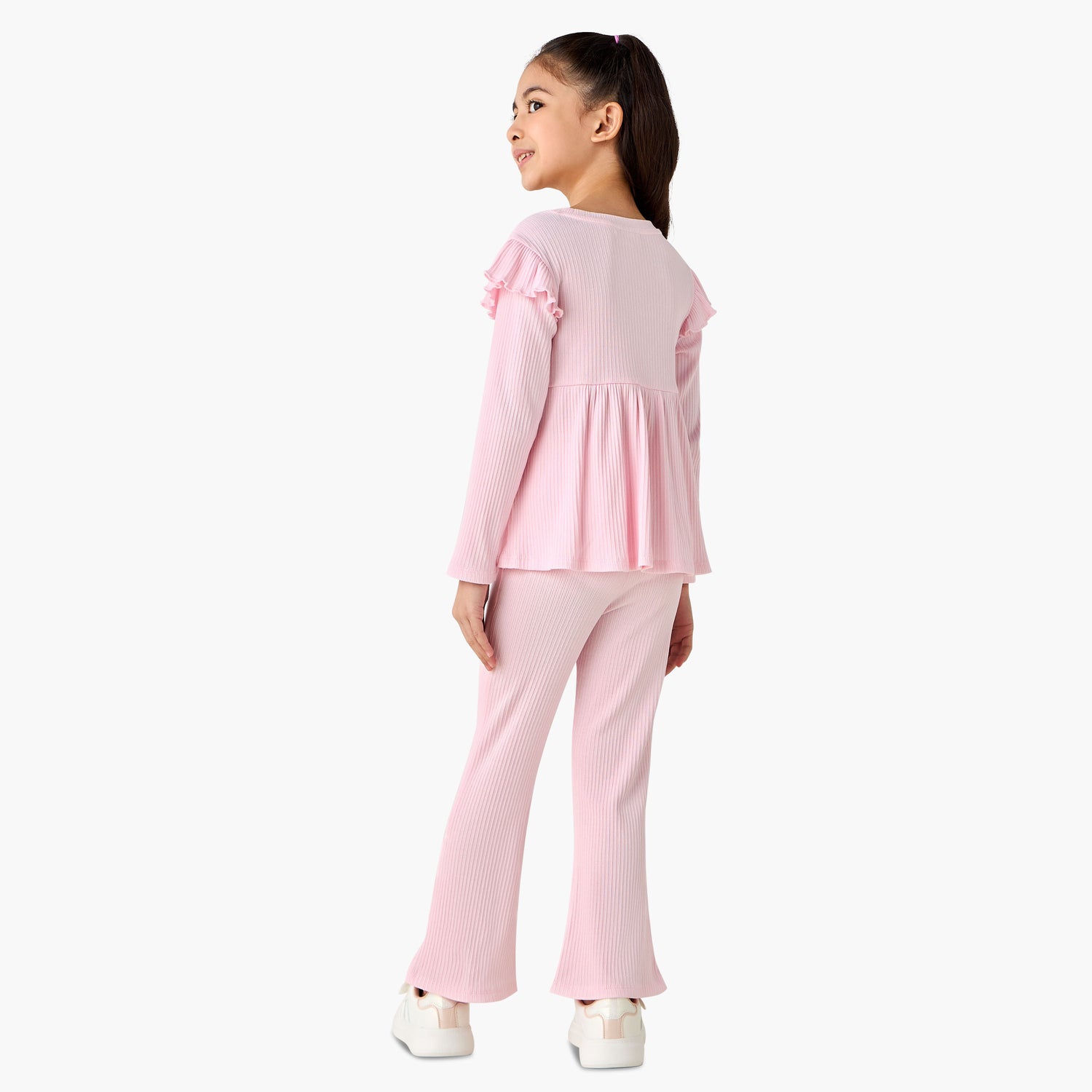Juniors Round Neck Long Sleeve Top and Flared Pants Set with Ribbed Texture