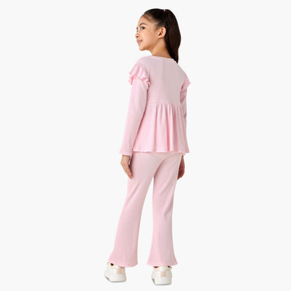 Juniors Round Neck Long Sleeve Top and Flared Pants Set with Ribbed Texture