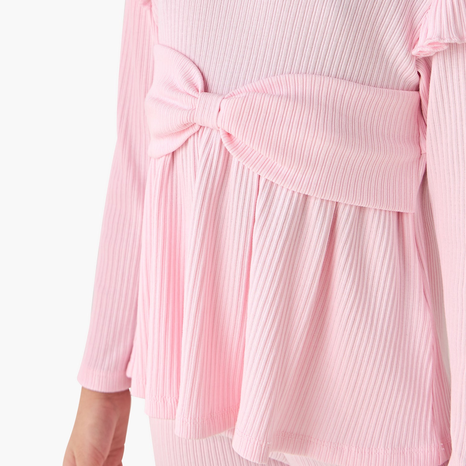 Juniors Round Neck Long Sleeve Top and Flared Pants Set with Ribbed Texture