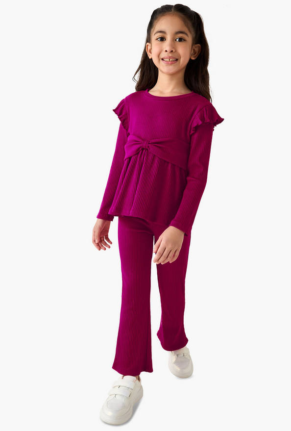 Juniors Round Neck Long Sleeve Top and Flared Pants Set with Ribbed Texture
