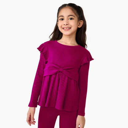 Juniors Round Neck Long Sleeve Top and Flared Pants Set with Ribbed Texture