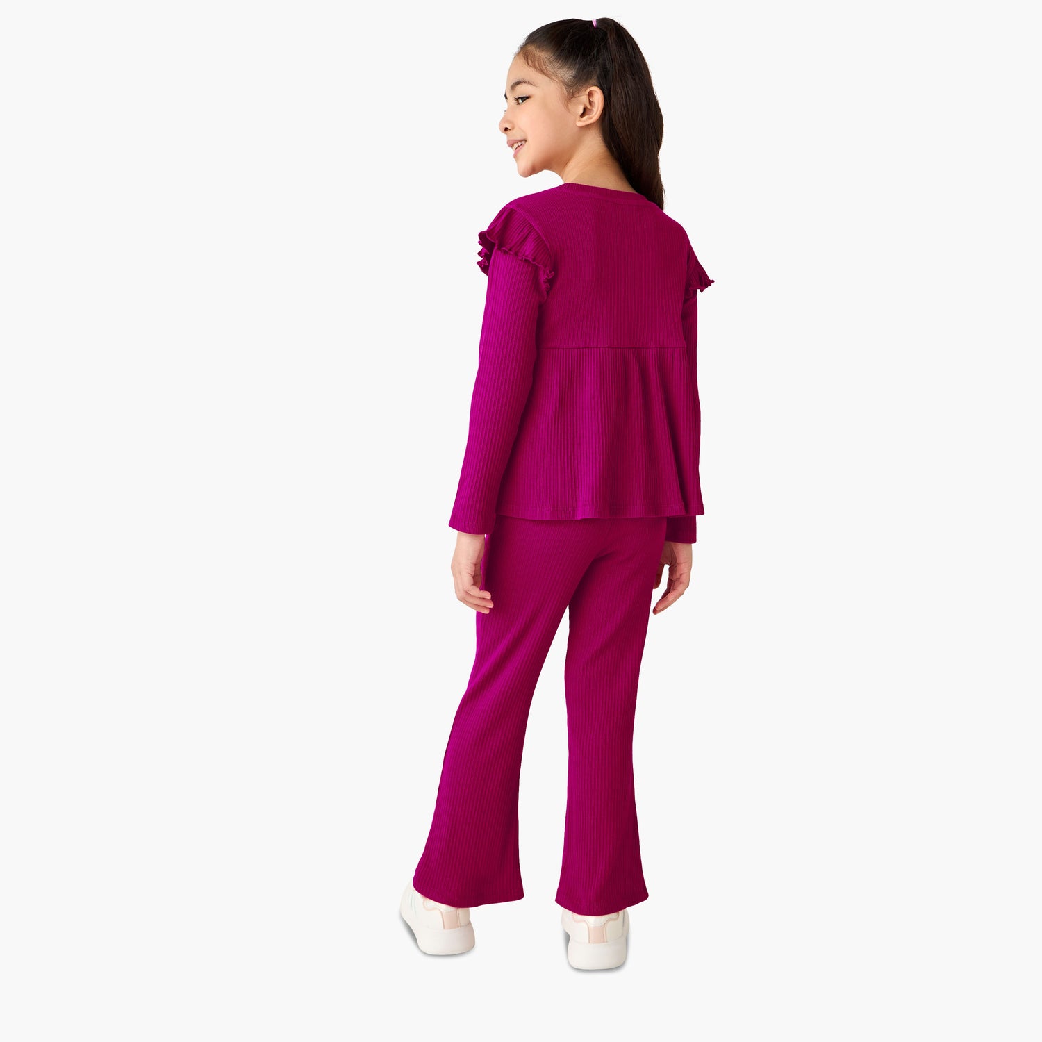 Juniors Round Neck Long Sleeve Top and Flared Pants Set with Ribbed Texture