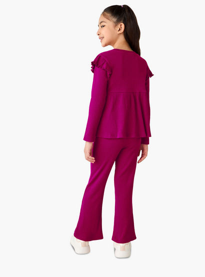 Juniors Round Neck Long Sleeve Top and Flared Pants Set with Ribbed Texture-baby-girls-clothing-setsandcoords-image-4