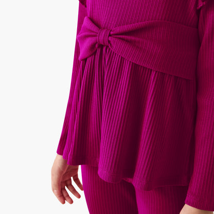 Juniors Round Neck Long Sleeve Top and Flared Pants Set with Ribbed Texture