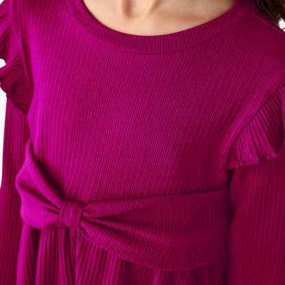 Juniors Round Neck Long Sleeve Top and Flared Pants Set with Ribbed Texture
