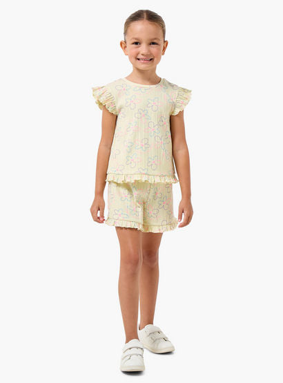 Juniors Round Neck Short Sleeves T-shirt and Shorts Set with Floral Print-baby-girls-clothing-setsandcoords-image-1
