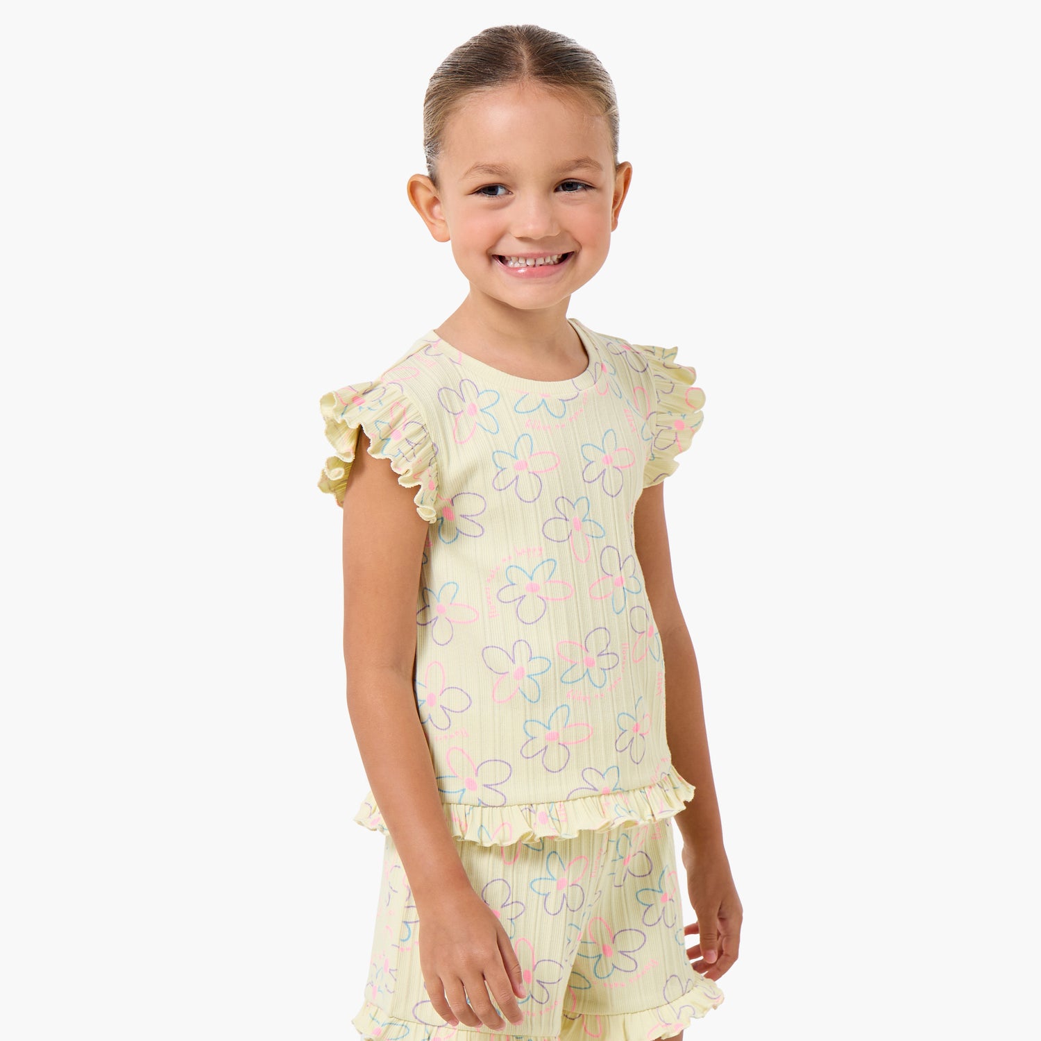 Juniors Round Neck Short Sleeves T-shirt and Shorts Set with Floral Print