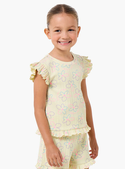 Juniors Round Neck Short Sleeves T-shirt and Shorts Set with Floral Print-baby-girls-clothing-setsandcoords-image-2