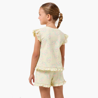 Juniors Round Neck Short Sleeves T-shirt and Shorts Set with Floral Print
