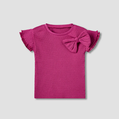 Juniors Crew Neck Short Sleeves T-shirt with Bow Applique - Pink / 1-2 yrs