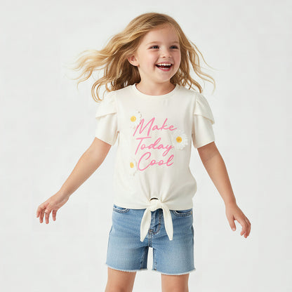 Juniors Crew Neck Short Sleeves T-shirt with Floral Applique - White / 3-4 yrs