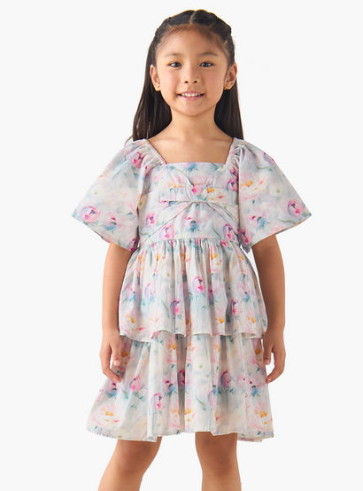 Juniors Square Neck Short Sleeves Tiered A-line Dress with Floral Print-girls-clothing-dressesandjumpsuits-image-1