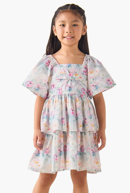 Juniors Square Neck Short Sleeves Tiered A-line Dress with Floral Print