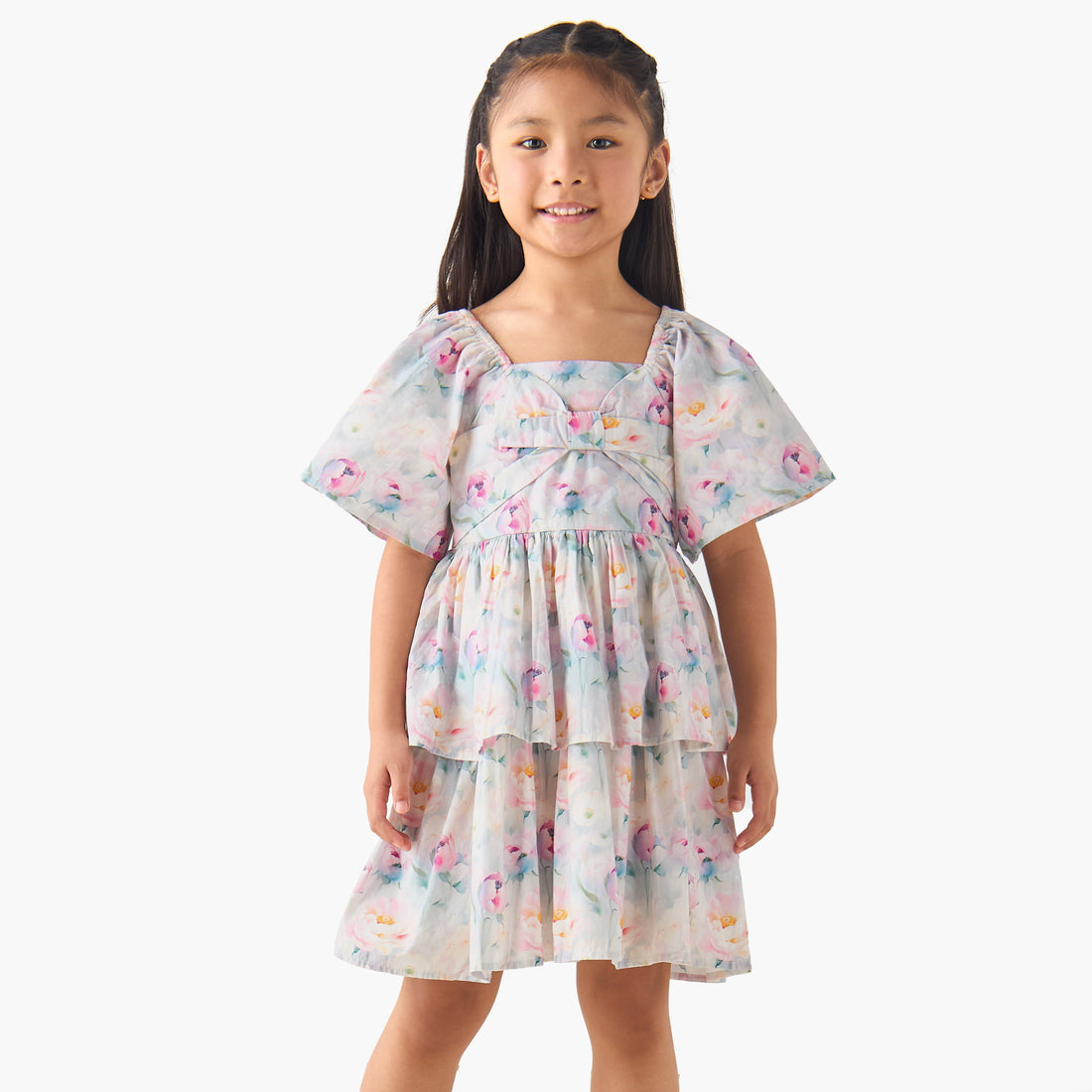 Juniors Square Neck Short Sleeves Tiered A-line Dress with Floral Print - Multicolour / 1-2 yrs