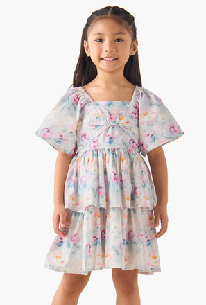 Juniors Square Neck Short Sleeves Tiered A-line Dress with Floral Print