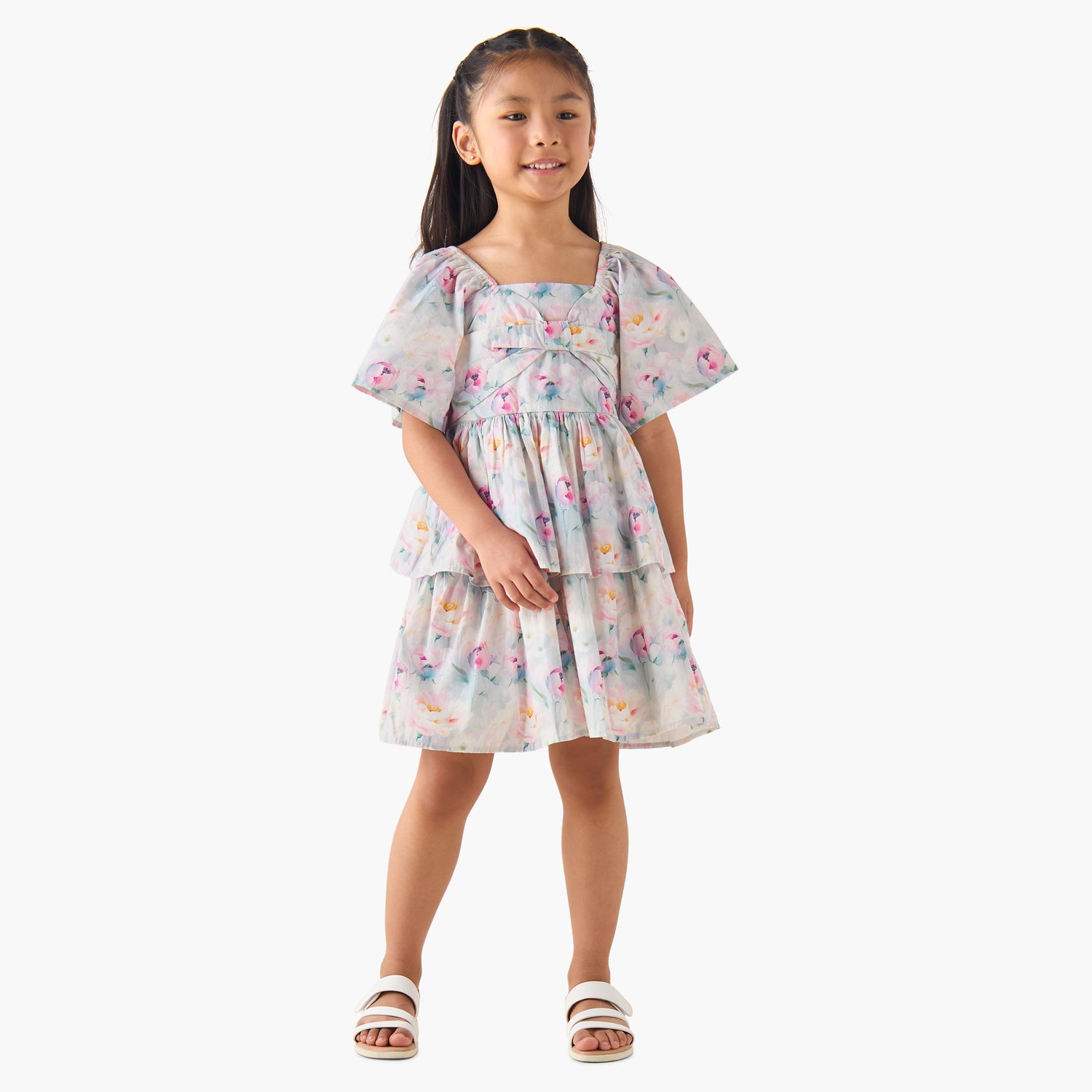 Juniors Square Neck Short Sleeves Tiered A-line Dress with Floral Print