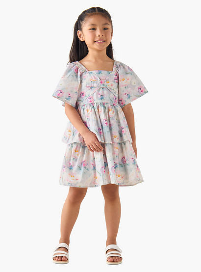 Juniors Square Neck Short Sleeves Tiered A-line Dress with Floral Print-girls-clothing-dressesandjumpsuits-image-2