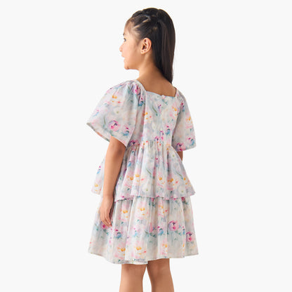 Juniors Square Neck Short Sleeves Tiered A-line Dress with Floral Print