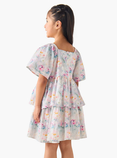 Juniors Square Neck Short Sleeves Tiered A-line Dress with Floral Print-girls-clothing-dressesandjumpsuits-image-3