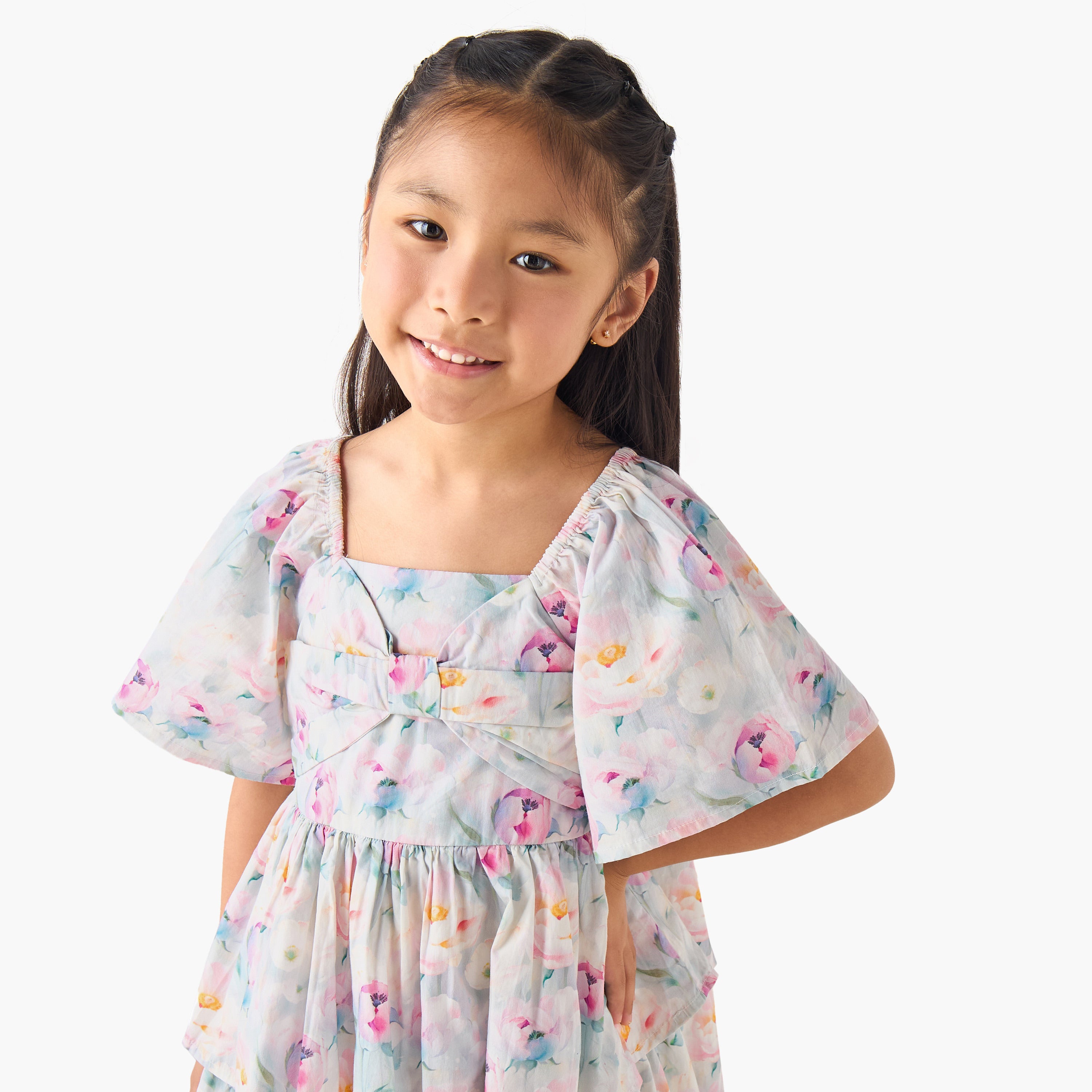 Juniors Square Neck Short Sleeves Tiered A-line Dress with Floral Print