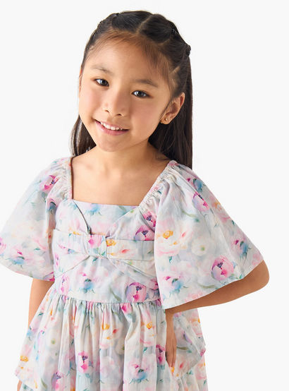 Juniors Square Neck Short Sleeves Tiered A-line Dress with Floral Print-girls-clothing-dressesandjumpsuits-image-4