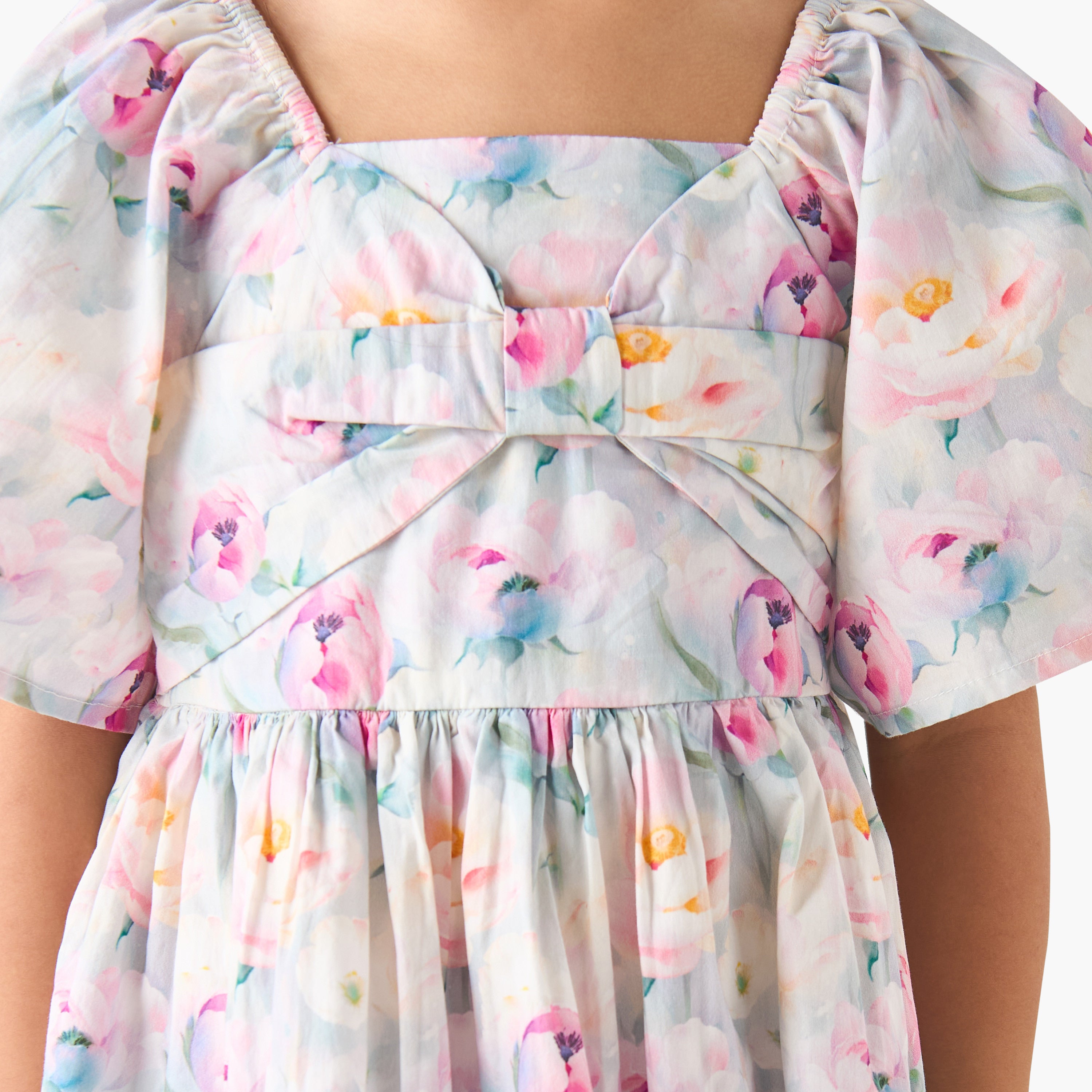 Juniors Square Neck Short Sleeves Tiered A-line Dress with Floral Print