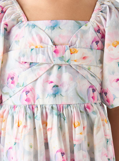Juniors Square Neck Short Sleeves Tiered A-line Dress with Floral Print-girls-clothing-dressesandjumpsuits-image-5