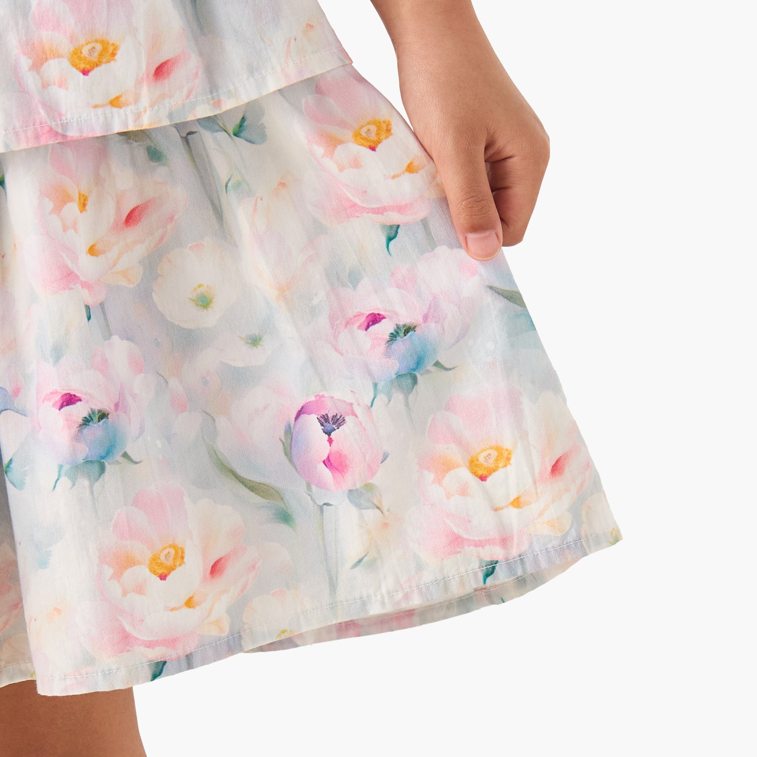 Juniors Square Neck Short Sleeves Tiered A-line Dress with Floral Print