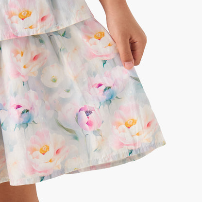 Juniors Square Neck Short Sleeves Tiered A-line Dress with Floral Print